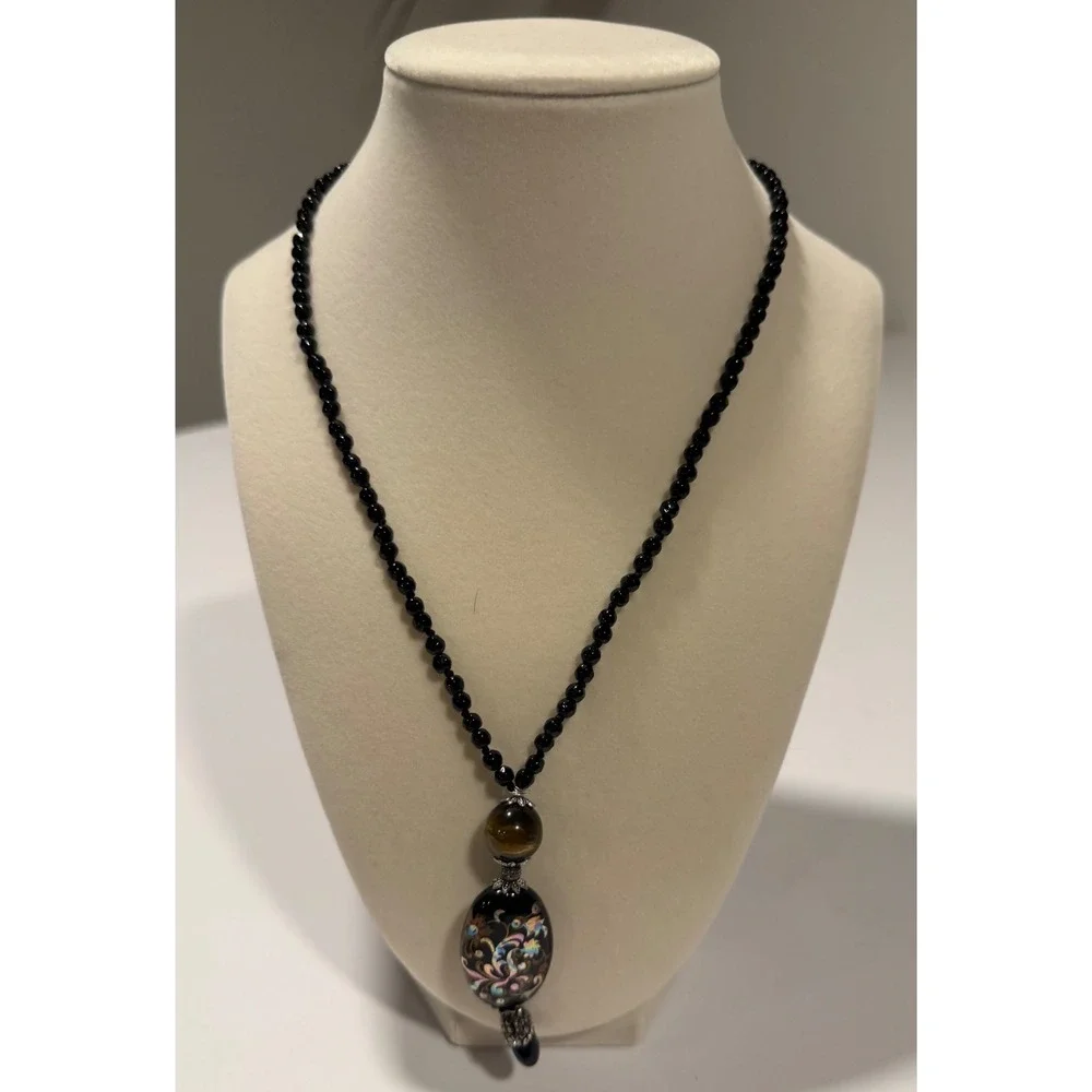 Black Beaded Necklace with Floral Oval Pendant and Tiger Eye Accent